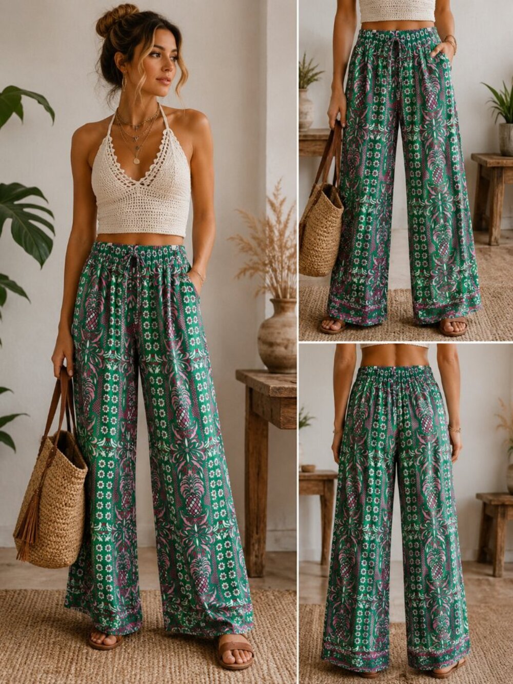 Charter Club Pants Cotton Small Green Floral Wide Leg Boho Resort Vacation